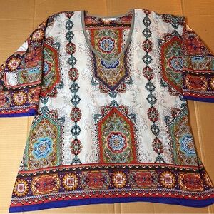 Johnny Was Boho Tunic Blouse Women’s Size XL V-Neck Colorful Print Elastic Back